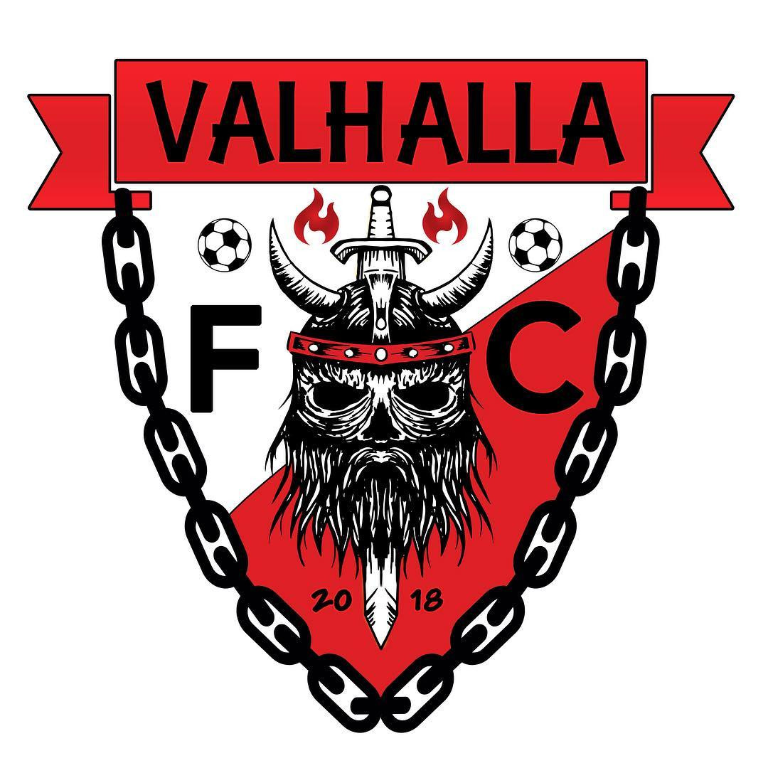 Valhalla FC crest — crimson ring, white V, black shield