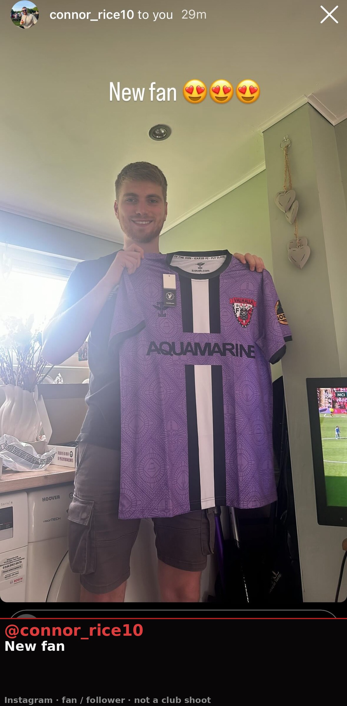 Instagram Story — @connor_rice10 holding a Valhalla FC kit